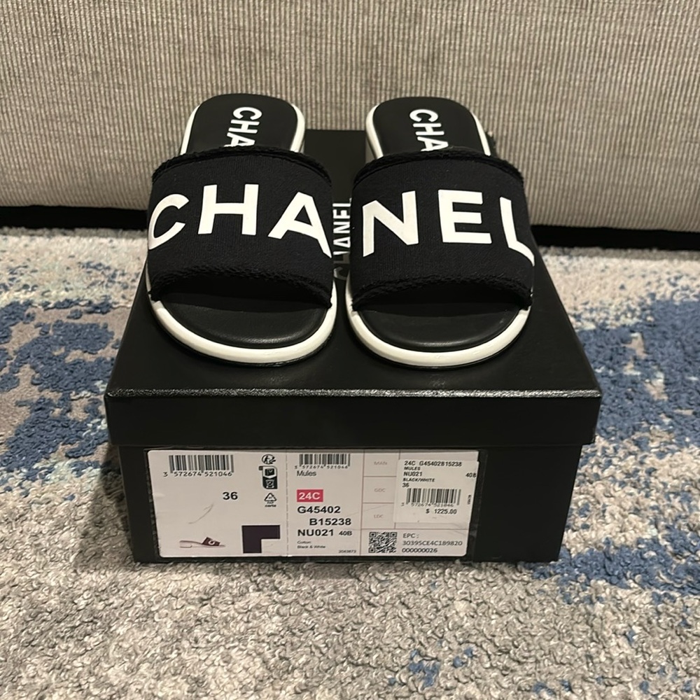 Chanel Women’s Mules Cotten Black and White Size 36